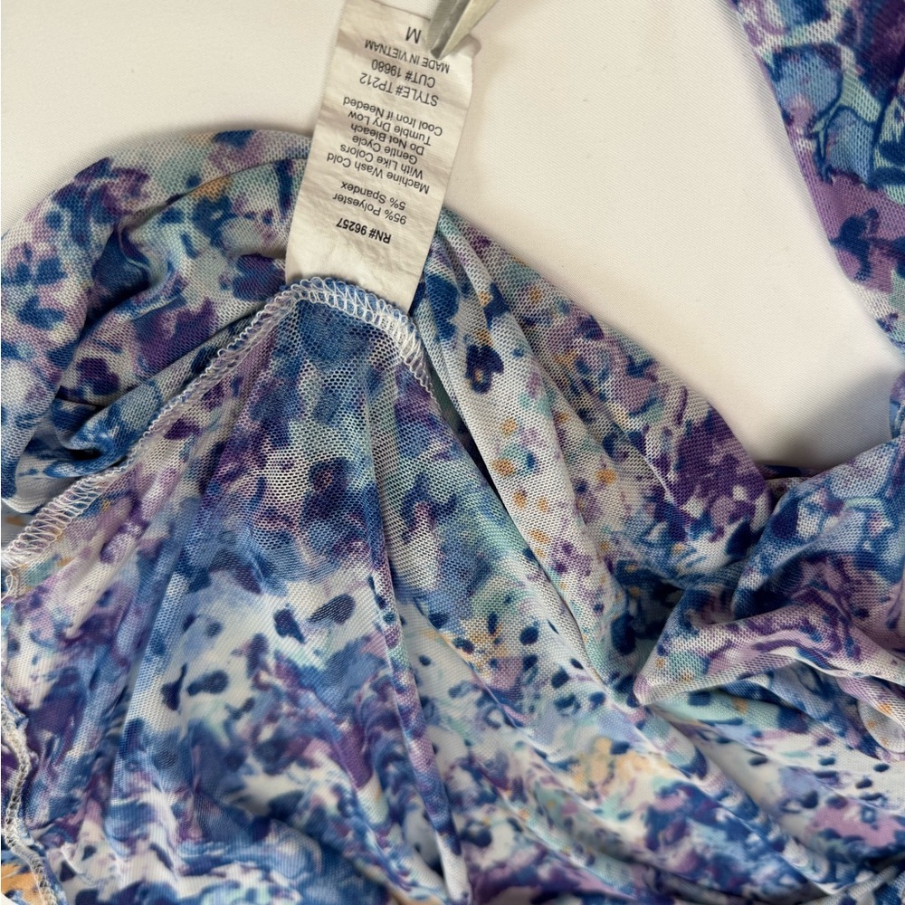 Per Seption Concept Blue Purple Floral Blouse 3/4 Sleeve Lightweight Top M - Picture 7 of 9